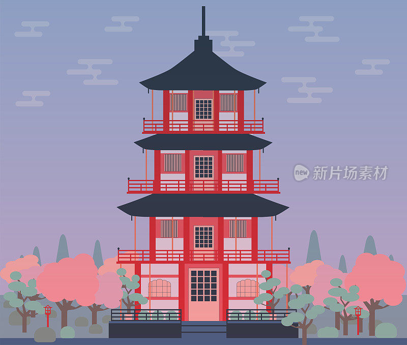 Japan style building. Beautiful houses and temples in Japan style. The scenery of japan during the fall season. Posters and postcards Japan's for tourism. Cartoon Traditional Asian House.